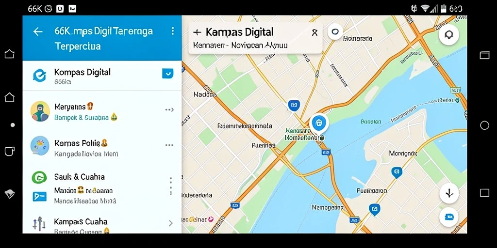 Antarmuka 66K menampilkan kompas digital yang jelas dan informasi cuaca terkini.