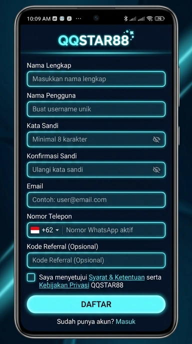Tampilan halaman daftar qqstar88